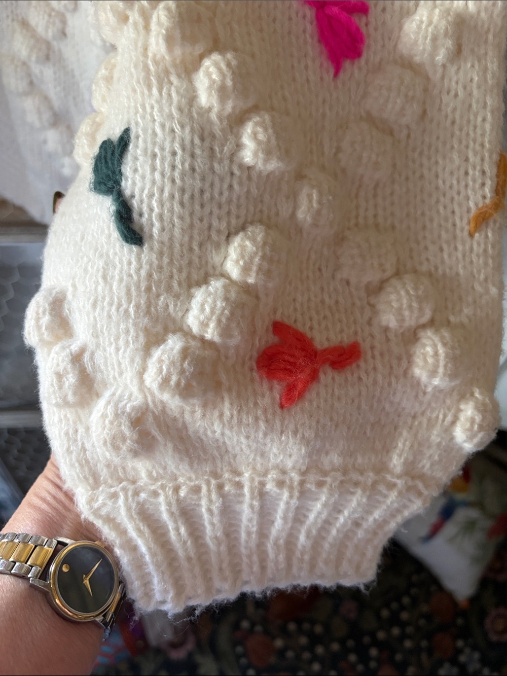 HYFVE Cream Chunky Knit Cardigan with Multicolor Embroidered Dots - Picture 2 of 4